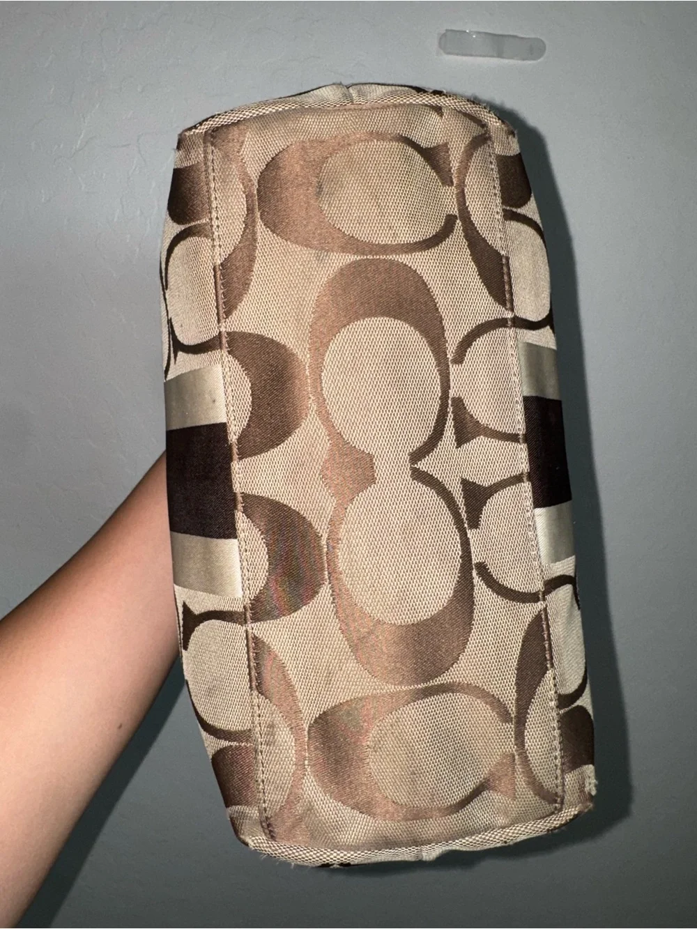 Coach Brown Signature Canvas Shoulder Bag with Dark Brown Stripe